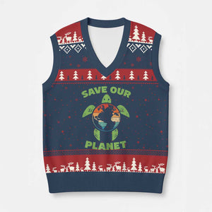 Retro Earth Day V-Neck Knit Sweater Vest Save Our Planet Sea Turtle Recycle Ocean Environment TS10 Navy Red Print Your Wear