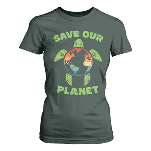 Retro Earth Day T Shirt For Women Save Our Planet Sea Turtle Recycle Ocean Environment TS10 Dark Forest Green Print Your Wear