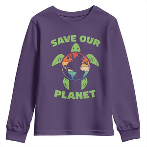 Retro Earth Day Youth Sweatshirt Save Our Planet Sea Turtle Recycle Ocean Environment TS10 Purple Print Your Wear