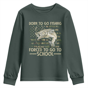 Born To Go Fishing Youth Sweatshirt Forced School Fisherman Camouflage US Flag TS10 Dark Forest Green Print Your Wear