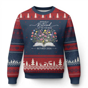 Officially Retired Ugly Christmas Sweater Floral Teacher Retirement Coworker Gift Let The Fun Begin TS10 Navy Red Print Your Wear