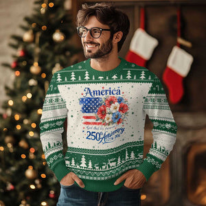 God 250th Anniversary USA Flag Floral Ugly Christmas Sweater Patriotic Freedom 4th of July 250 Years America TS10 Beige Green Print Your Wear
