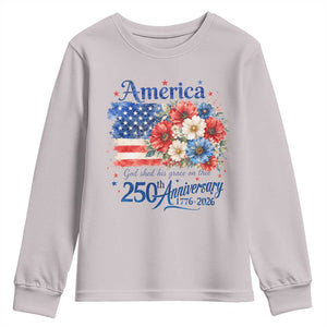 God 250th Anniversary USA Flag Floral Youth Sweatshirt Patriotic Freedom 4th of July 250 Years America TS10 Ice Gray Print Your Wear