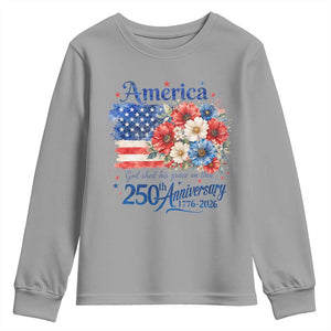 God 250th Anniversary USA Flag Floral Youth Sweatshirt Patriotic Freedom 4th of July 250 Years America TS10 Sport Gray Print Your Wear