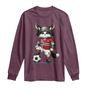 Norway Soccer Fan Long Sleeve Shirt Cute Viking Cat Norwegian Flag Nordic Football Lovers TS10 Maroon Print Your Wear