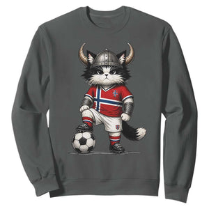 Norway Soccer Fan Sweatshirt Cute Viking Cat Norwegian Flag Nordic Football Lovers TS10 Dark Heather Print Your Wear