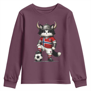 Norway Soccer Fan Youth Sweatshirt Cute Viking Cat Norwegian Flag Nordic Football Lovers TS10 Maroon Print Your Wear