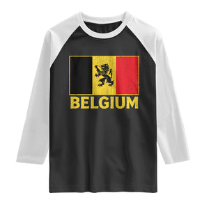 Vintage Belgium Soccer Flag with Lion Graphic Raglan Shirt Belgian Football Pride Gift for Fans TS10 Black White Print Your Wear
