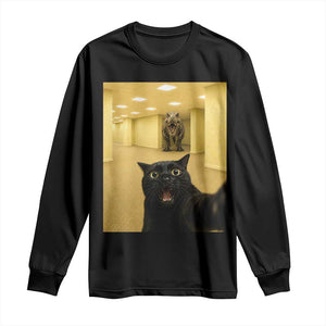 Black Cat Selfie with Dinosaur in The Backrooms Liminal Space Graphic Long Sleeve Shirt Liminal Space Urban Legend Meme TS10 Black Print Your Wear