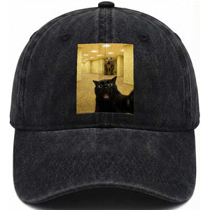Black Cat Selfie with Dinosaur in The Backrooms Liminal Space Graphic Washed Cotton Baseball Cap Liminal Space Urban Legend Meme TS10 Print Your Wear