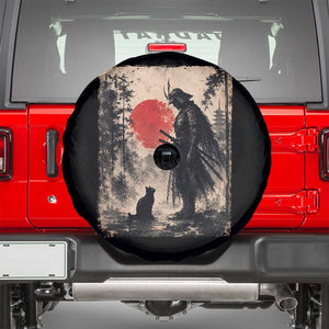 Vintage Japanese Samurai Warrior and Black Cat Spare Tire Cover TS10 Black Print Your Wear