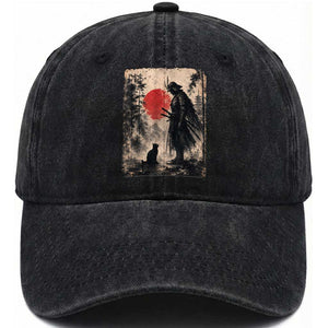 Vintage Japanese Samurai Warrior and Black Cat Washed Cotton Baseball Cap TS10 Print Your Wear