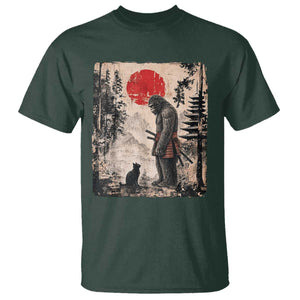 Vintage Japanese Art Bigfoot Samurai Warrior and Black Cat T Shirt Sasquatch Lovers Vintage Graphic Ukiyo-e Art TS10 Dark Forest Green Print Your Wear