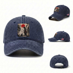 Vintage Japanese Art Bigfoot Samurai Warrior and Black Cat Washed Cotton Baseball Cap Sasquatch Lovers Vintage Graphic Ukiyo-e Art TS10 Washed Cap Universal Fit Navy Print Your Wear