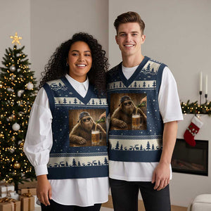 Funny Bigfoot Drinking Beer V-Neck Knit Sweater Vest Vintage Cool Sunglasses Sasquatch Pub Graphic TS10 Navy Beige Print Your Wear