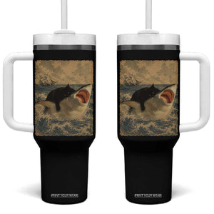 Black Cat Biting Shark Anime Graphic Japanese Tumbler With Handle Vintage Graphic Ukiyo-e Art TS10 One Size: 40 oz Black Print Your Wear