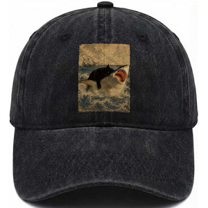 Black Cat Biting Shark Anime Graphic Japanese Washed Cotton Baseball Cap Vintage Graphic Ukiyo-e Art TS10 Print Your Wear