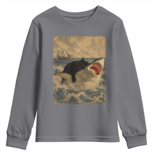 Black Cat Biting Shark Anime Graphic Japanese Youth Sweatshirt Vintage Graphic Ukiyo-e Art TS10 Charcoal Print Your Wear