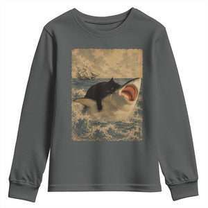 Black Cat Biting Shark Anime Graphic Japanese Youth Sweatshirt Vintage Graphic Ukiyo-e Art TS10 Dark Heather Print Your Wear