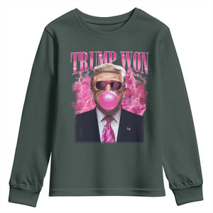 Trump Won 2024 Youth Sweatshirt Trump Pink Bubble Gum Funny Cute Retro 90s TS10 Dark Forest Green Print Your Wear