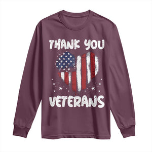 Thank You Veterans Long Sleeve Shirt Patriotic Veterans Day Grunge USA Flag Heart TS10 Maroon Print Your Wear