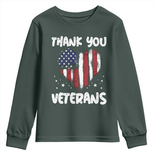 Thank You Veterans Youth Sweatshirt Patriotic Veterans Day Grunge USA Flag Heart TS10 Dark Forest Green Print Your Wear