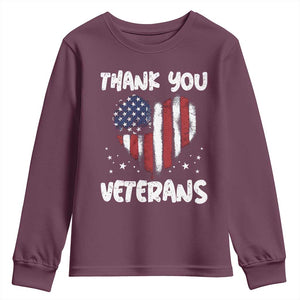 Thank You Veterans Youth Sweatshirt Patriotic Veterans Day Grunge USA Flag Heart TS10 Maroon Print Your Wear