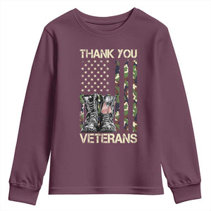 Thank You Veterans Youth Sweatshirt Camo American Flag Military Supportive Veterans Day TS10 Maroon Print Your Wear