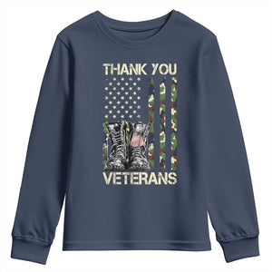 Thank You Veterans Youth Sweatshirt Camo American Flag Military Supportive Veterans Day TS10 Navy Print Your Wear