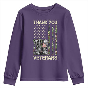 Thank You Veterans Youth Sweatshirt Camo American Flag Military Supportive Veterans Day TS10 Purple Print Your Wear