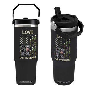 Love Our Veterans Flip Straw Tumbler Camo American Flag Military Supportive Veterans Day TS10 One Size: 30 oz Black Print Your Wear
