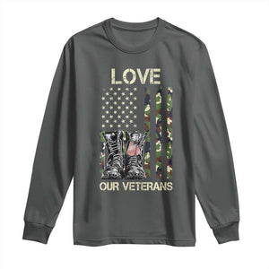 Love Our Veterans Long Sleeve Shirt Camo American Flag Military Supportive Veterans Day TS10 Dark Heather Print Your Wear