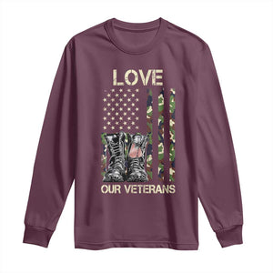 Love Our Veterans Long Sleeve Shirt Camo American Flag Military Supportive Veterans Day TS10 Maroon Print Your Wear