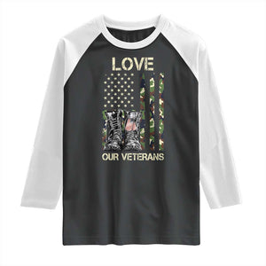Love Our Veterans Raglan Shirt Camo American Flag Military Supportive Veterans Day TS10 Black White Print Your Wear