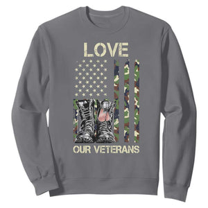 Love Our Veterans Sweatshirt Camo American Flag Military Supportive Veterans Day TS10 Charcoal Print Your Wear