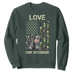 Love Our Veterans Sweatshirt Camo American Flag Military Supportive Veterans Day TS10 Dark Forest Green Print Your Wear