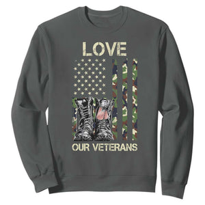 Love Our Veterans Sweatshirt Camo American Flag Military Supportive Veterans Day TS10 Dark Heather Print Your Wear