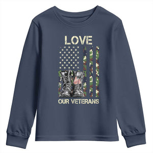 Love Our Veterans Youth Sweatshirt Camo American Flag Military Supportive Veterans Day TS10 Navy Print Your Wear