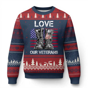 Love Our Veterans Ugly Christmas Sweater American Flag Military Supportive Veterans Day TS10 Navy Red Print Your Wear