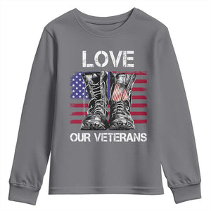 Love Our Veterans Youth Sweatshirt American Flag Military Supportive Veterans Day TS10 Charcoal Print Your Wear