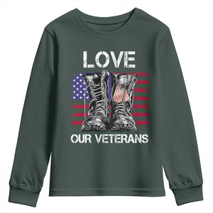 Love Our Veterans Youth Sweatshirt American Flag Military Supportive Veterans Day TS10 Dark Forest Green Print Your Wear
