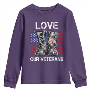 Love Our Veterans Youth Sweatshirt American Flag Military Supportive Veterans Day TS10 Purple Print Your Wear