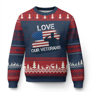 Love Our Veterans Ugly Christmas Sweater Veterans Day Military Appreciation US Flag TS10 Navy Red Print Your Wear