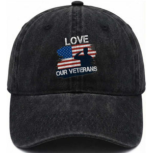Love Our Veterans Washed Cotton Baseball Cap Veterans Day Military Appreciation US Flag TS10 Washed Cap Universal Fit Black Print Your Wear