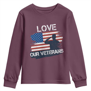 Love Our Veterans Youth Sweatshirt Veterans Day Military Appreciation US Flag TS10 Maroon Print Your Wear