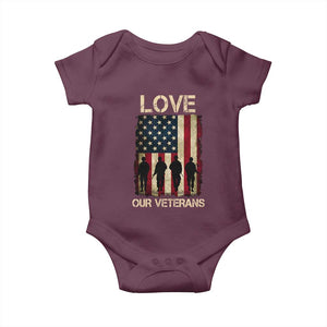 Love Our Veterans Baby Onesie US Veterans Day Proud Military Family US Flag TS10 Maroon Print Your Wear