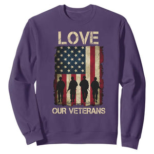 Love Our Veterans Sweatshirt US Veterans Day Proud Military Family US Flag TS10 Purple Print Your Wear