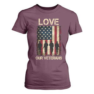Love Our Veterans T Shirt For Women US Veterans Day Proud Military Family US Flag TS10 Maroon Print Your Wear