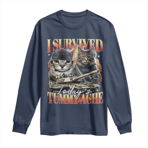 Tummy Ache Survivor Cat Meme Long Sleeve Shirt Funny Saying Cats Bootleg TS10 Navy Print Your Wear