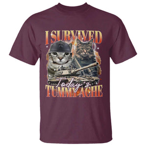 Tummy Ache Survivor Cat Meme T Shirt Funny Saying Cats Bootleg TS10 Maroon Print Your Wear